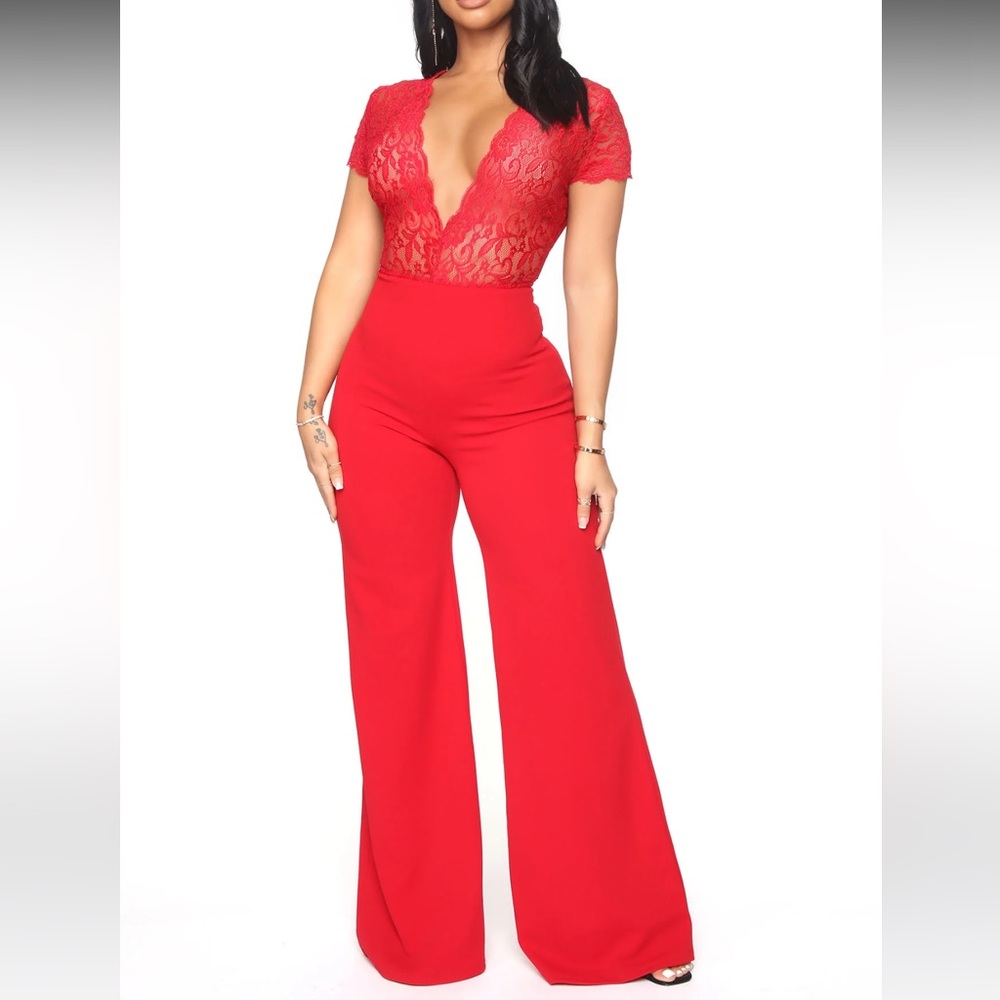 Red lace vneck jumpsuit for sexy classy occasion
